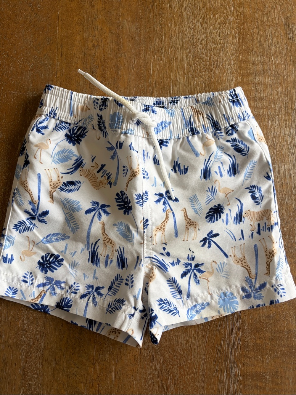 Janie and Jack White Swim Trunks with Blue and Tan Safari Print